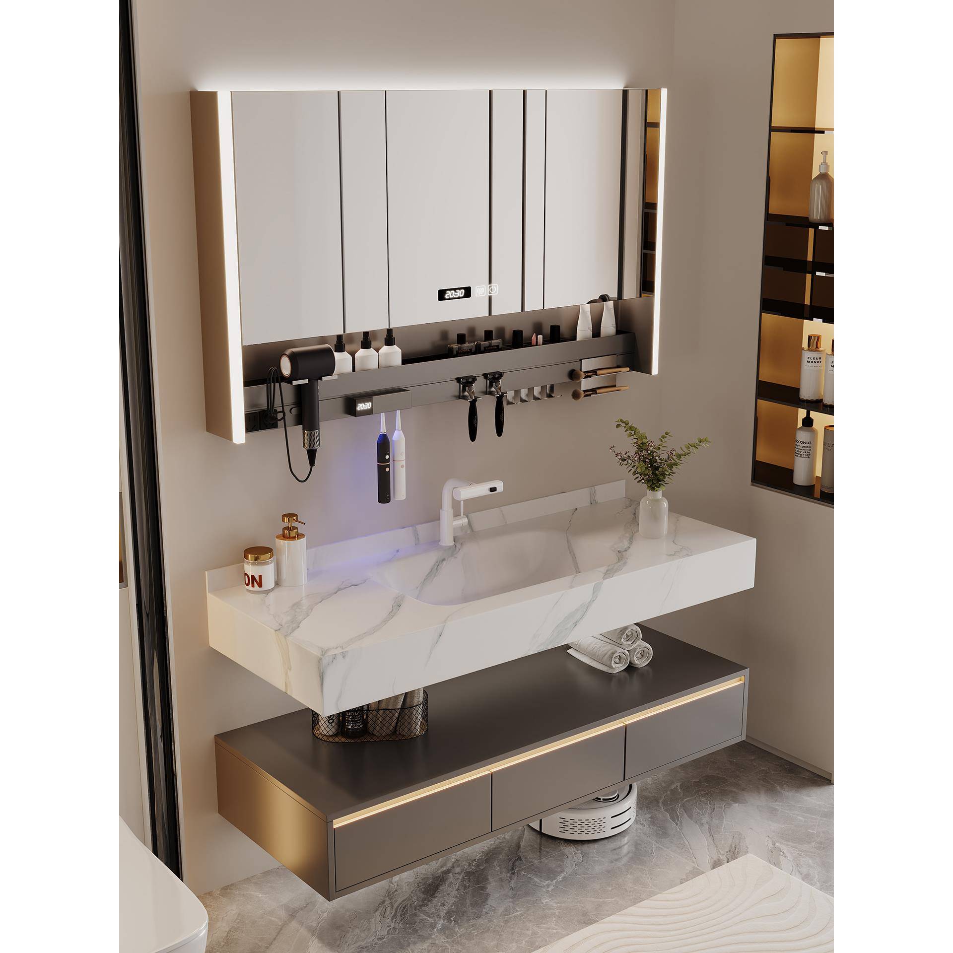 高级感酒店风双层岩板热弯一体盆浴室柜组合卫生间洗手池洗脸盆柜