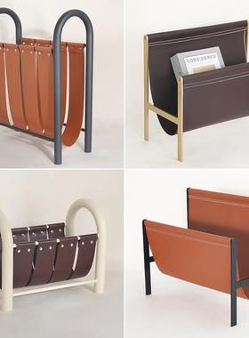 北欧中古乌木色书本报刊架落地皮革杂志架书架床头置物架收纳层架