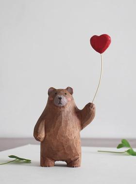 同禅治愈系手工木雕可爱小白熊气球车载桌面家居装饰创意摆件礼品