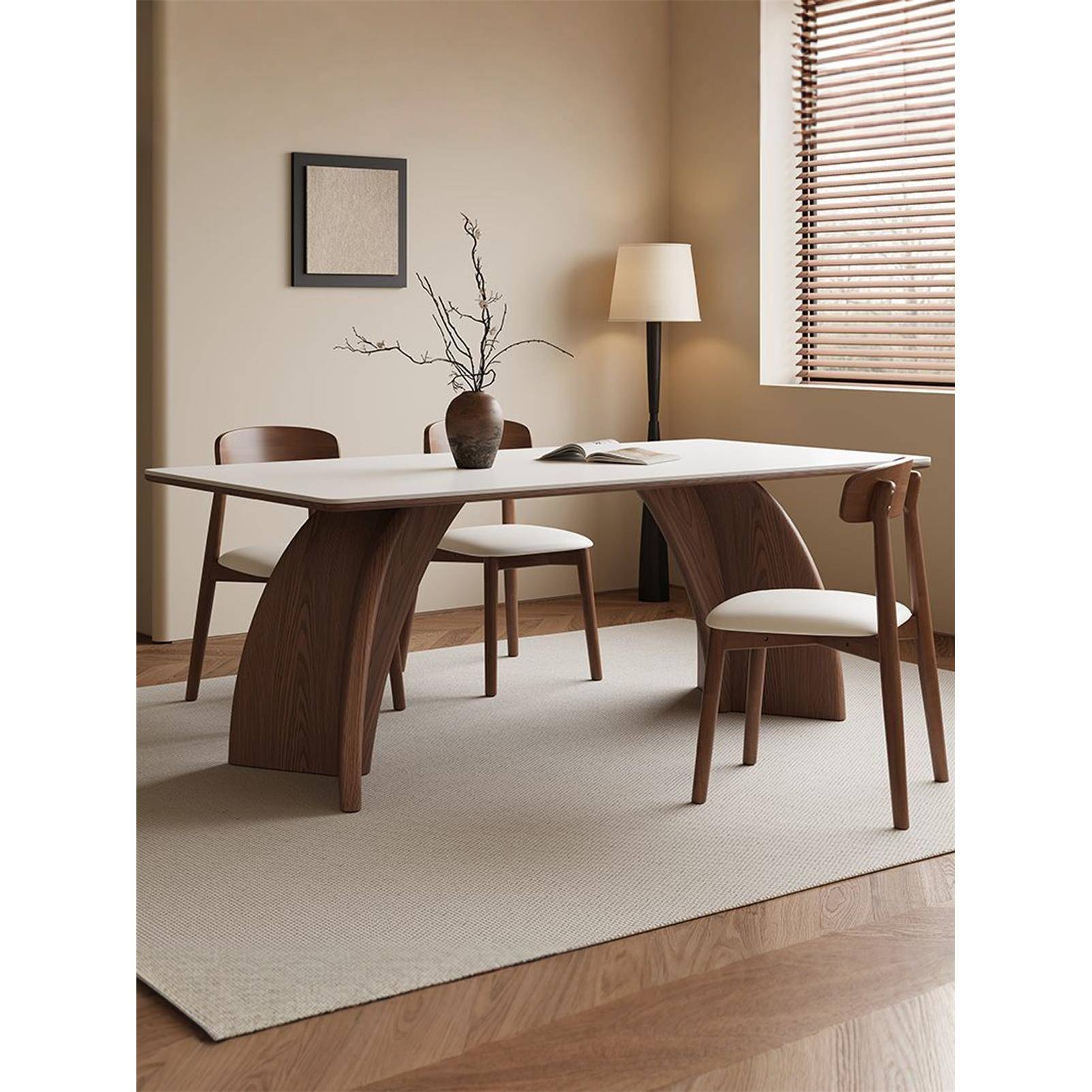 法式实木岩板餐桌椅组合现代简约家用饭桌中古风长方形高级感桌子