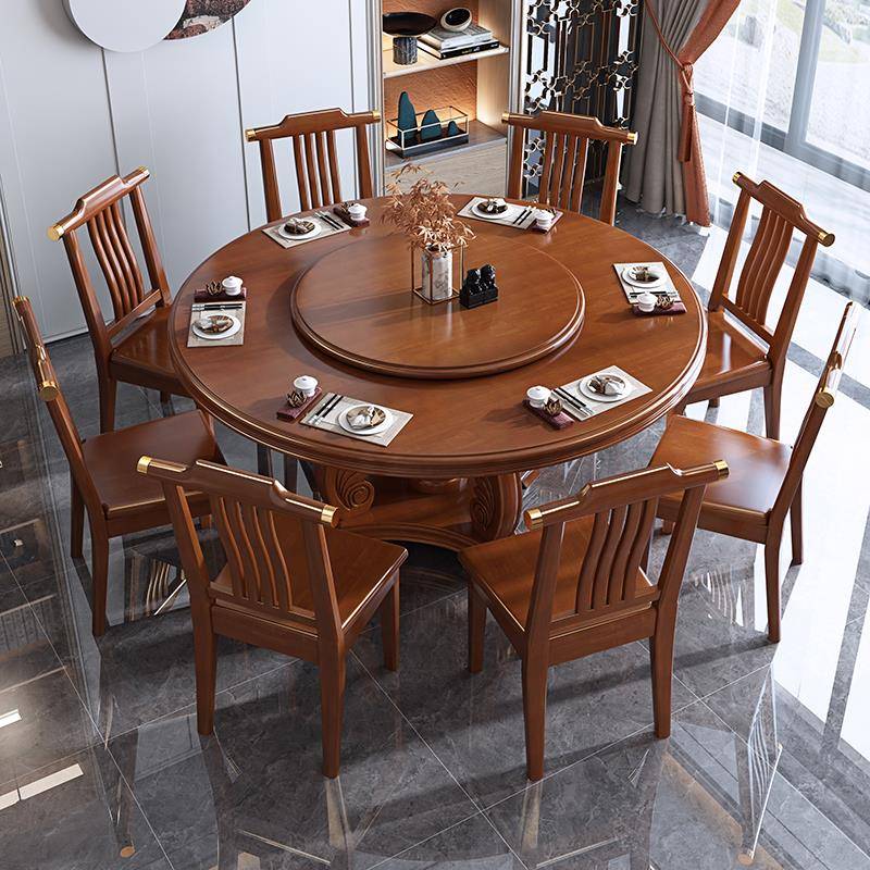 新中式实木餐桌家用带转盘12人饭桌椅组合现代简约饭店酒店大圆桌