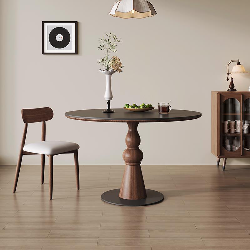 法式中古风实木圆形餐桌椅胡桃色圆桌岩板现代简约家用餐厅休闲桌