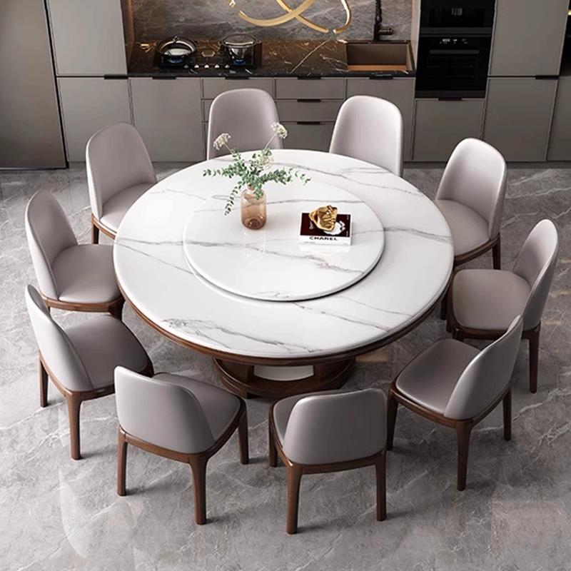 实木高端岩板餐桌椅组合现代简约小户型圆形家用圆桌带转盘饭桌子