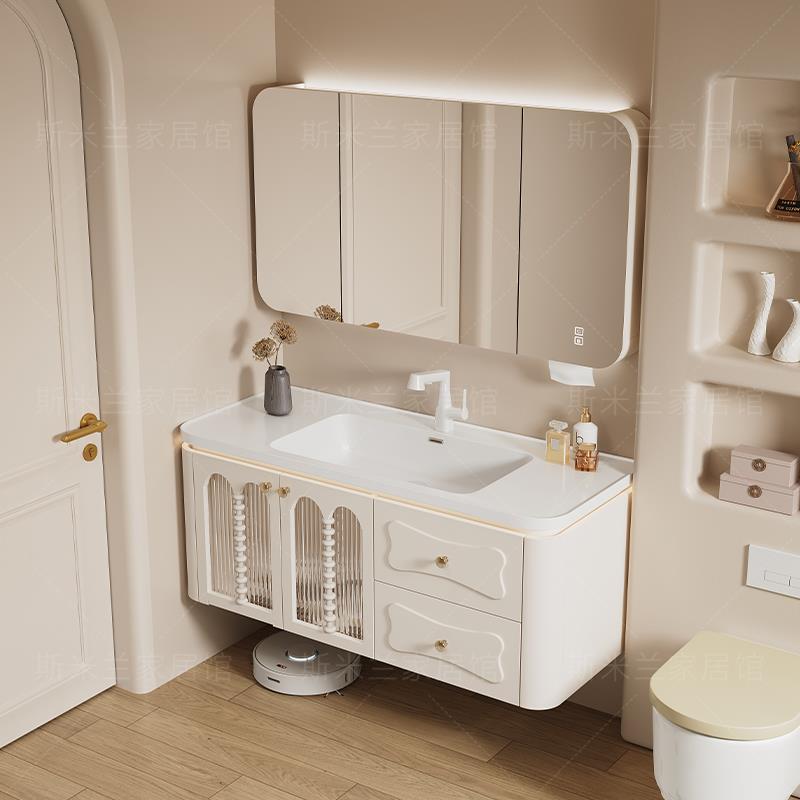 法式橡木烤漆浴室柜化妆室陶瓷一体盆组合智能洗手池洗脸盆洗漱台