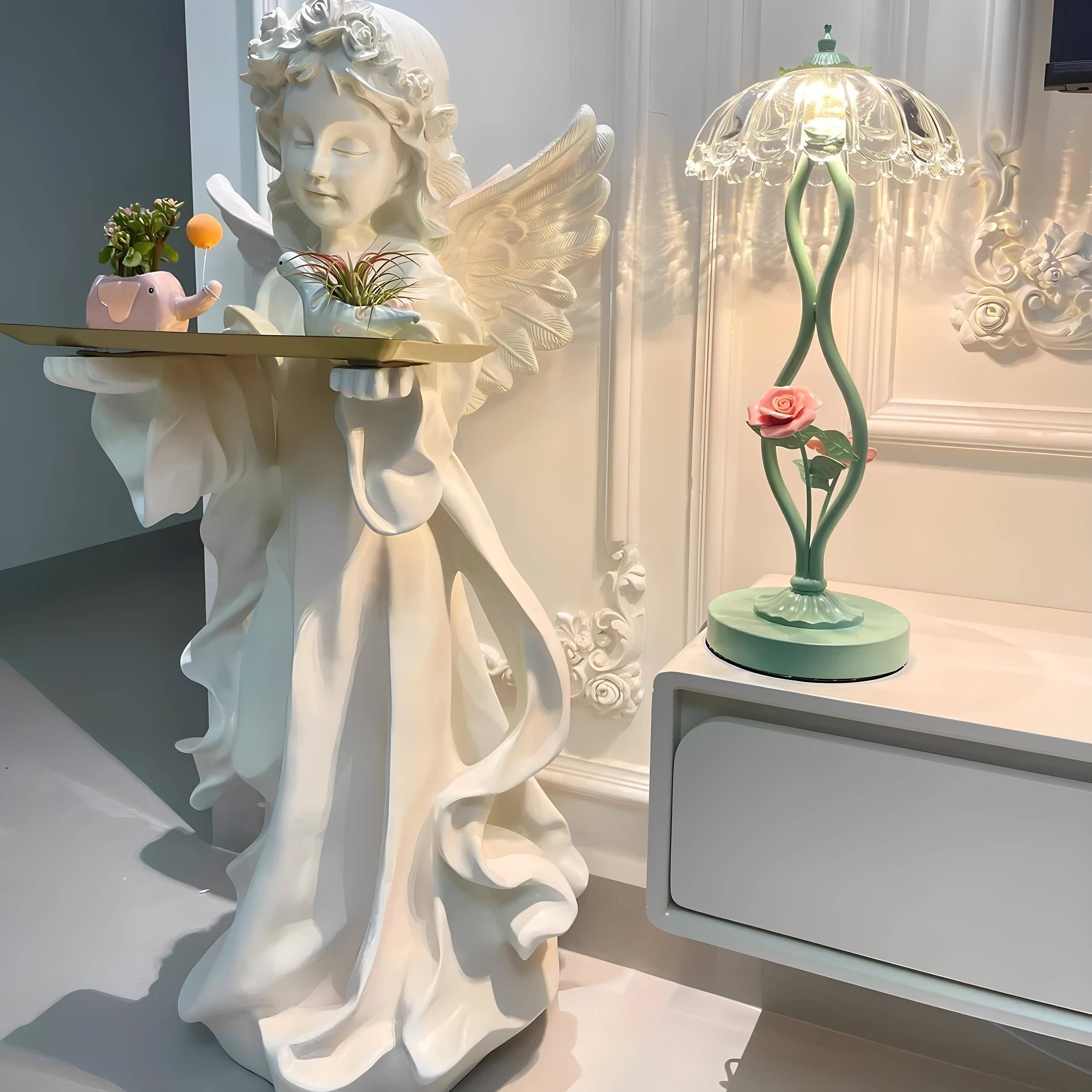 爱丽丝托 托盘小天使客厅玄关家居软装饰品覆古法式雕塑大号落地