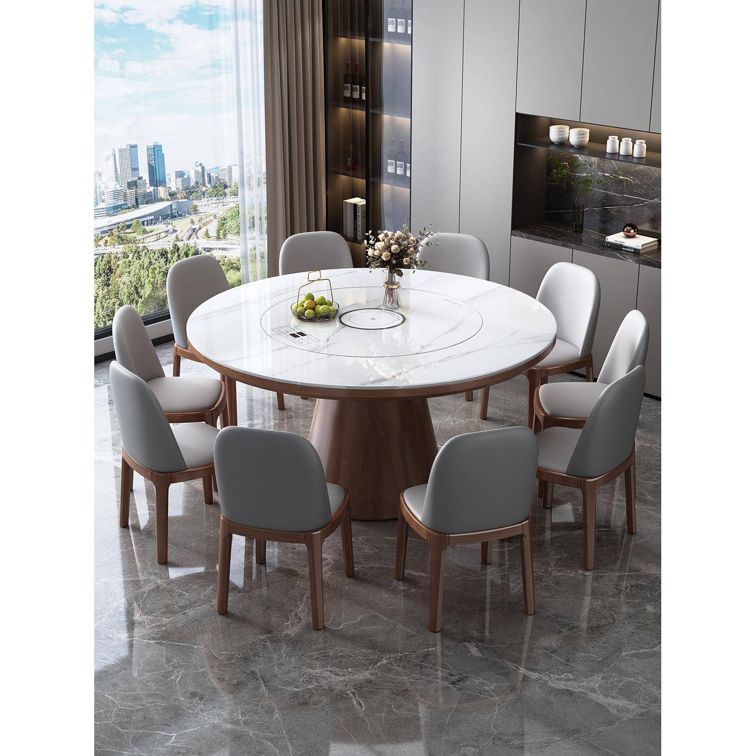 高端实木岩板餐桌椅组合现代简约大圆桌家用内嵌暖菜板转盘饭桌子