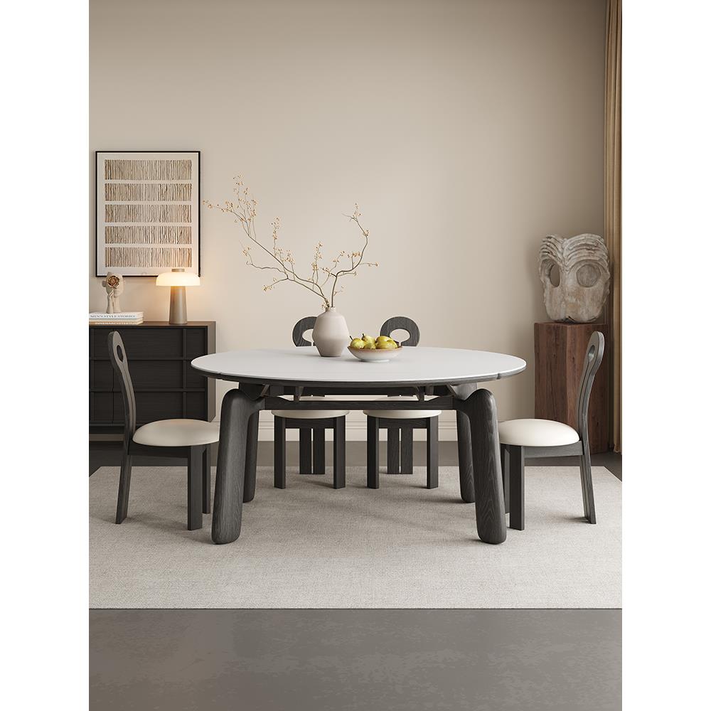 实木餐桌椅组合大象腿跳台现代简约小户型家用可伸缩折叠岩板餐桌