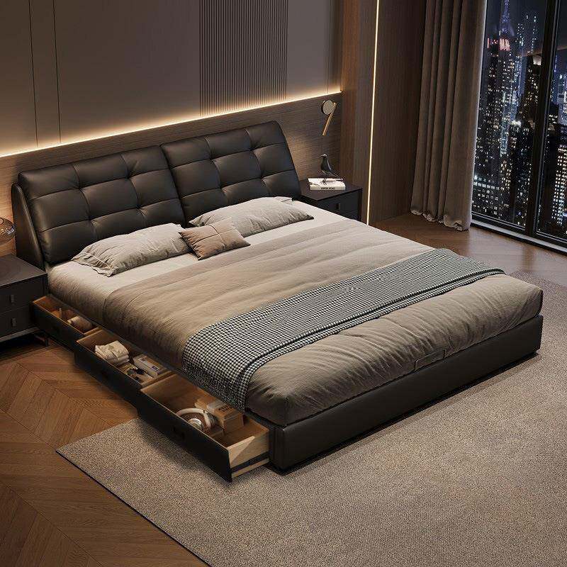 轻奢真皮床软包双人床高端大气主卧储物婚床现代简约2米x2米2大床