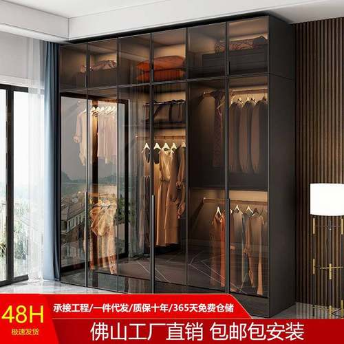 轻奢实木玻璃门衣柜卧室家用L型现代转角衣帽间收纳柜子组合衣橱