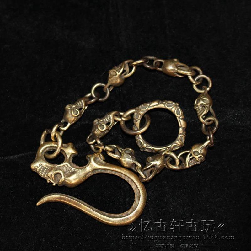 古玩杂项仿古铜器收藏纯铜骷髅头链子收藏挂件