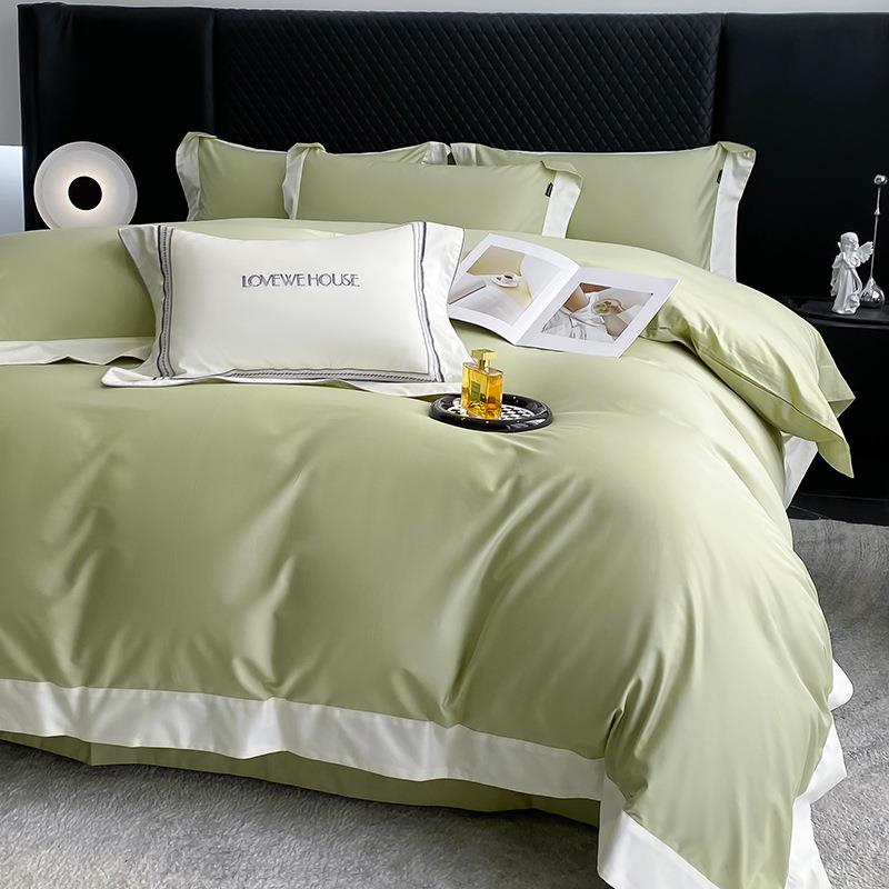 四季款高档轻奢长绒棉四件套纯棉贡缎纯色床单1.8m床上用品