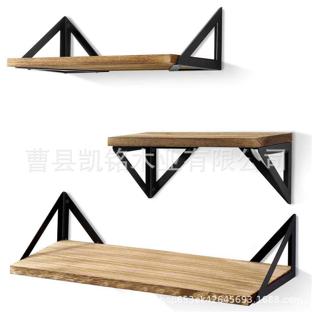 跨境创意欧式铁木结合置物架悬浮松木碳化置物架铁艺架墙壁置物架