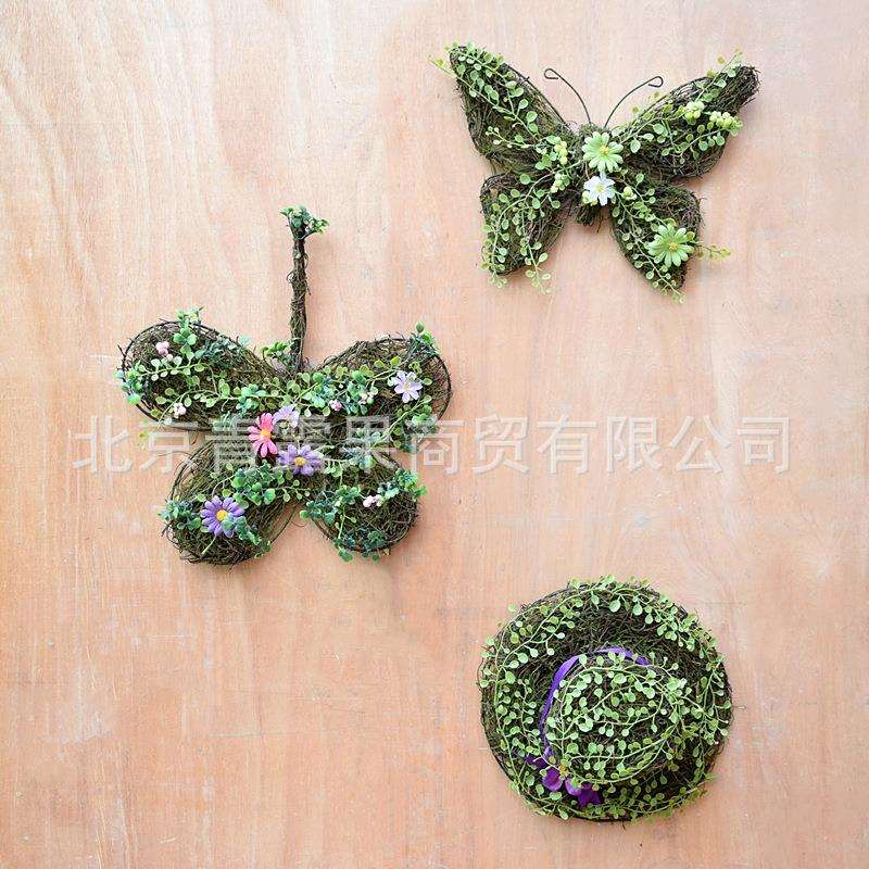 仿真树叶壁挂装饰创意花环挂件铁艺蝴蝶墙饰草帽壁饰庭院花园布置