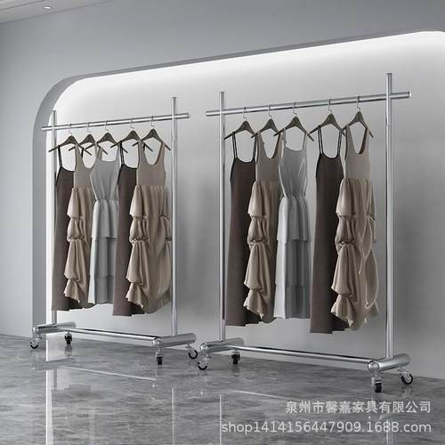 网红女装店不锈钢挂衣架可移动带轮货架直播间挂衣杆服装店展示架
