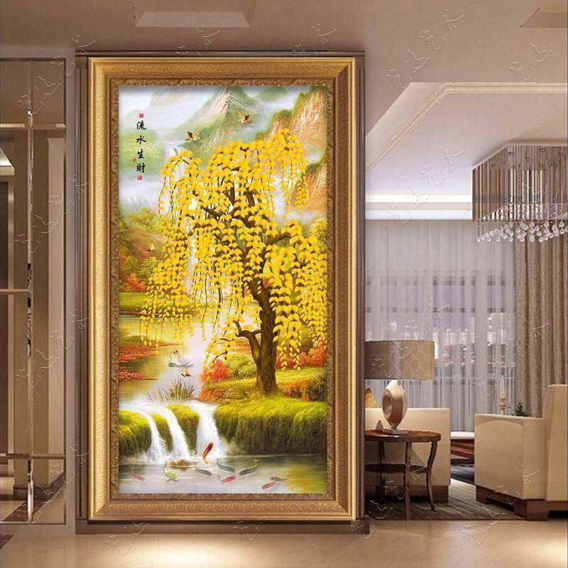 欧式入户玄关装饰画竖款过道走廊美式挂画风景发财树油画竖版立体