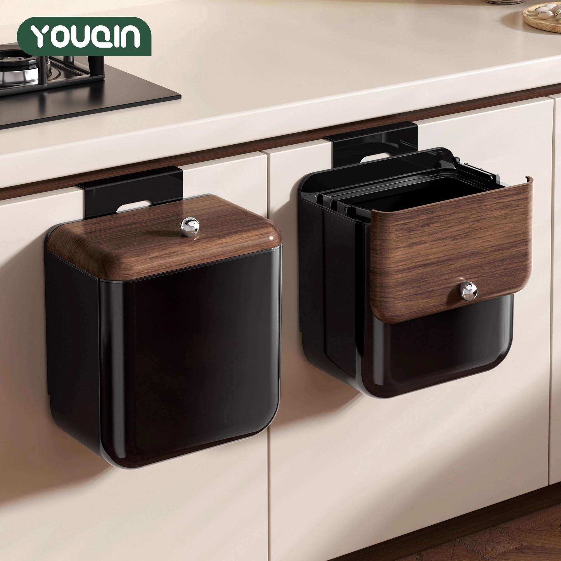 优勤高颜值木纹厨房垃圾桶挂式家用2025新款带盖专用壁挂式免弯腰