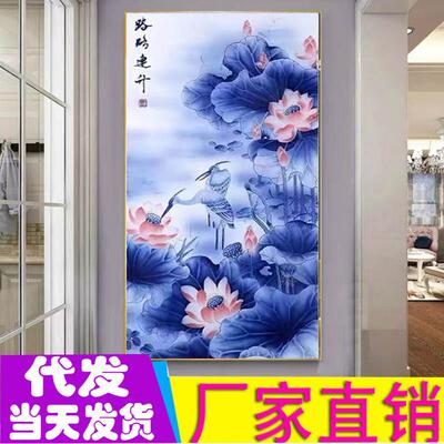 工厂路路连升十字绣满绣新款线绣蓝色莲花图十字绣