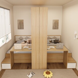 榻榻米双人床一男一女兄弟姐妹分床睡高箱带隔断床改造一房变两房