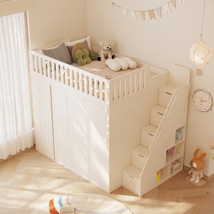 奶油风上床下柜衣帽间床带全身镜一体省空间床衣柜床加高实木护栏