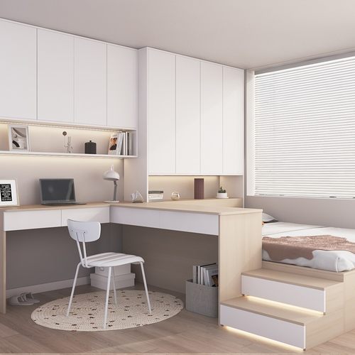 定制小户型一体衣柜床卧室套装转角书桌吊柜软包储物榻榻米床