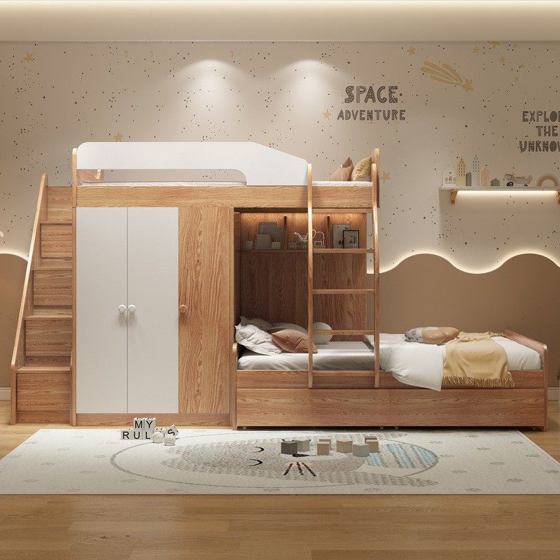 实木平行交错式上下床带衣柜一体错位型高低床多功能小户型子母床