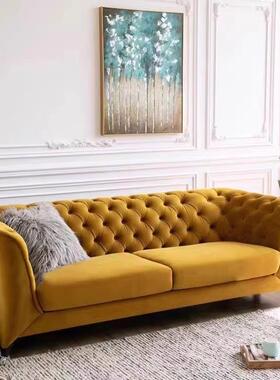 美式乡村现代墨绿色丝绒拉扣沙发意式客厅三人贵妃位组合转角沙发