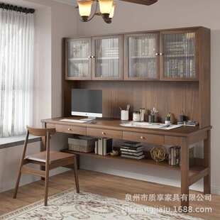 中古风全实木书桌书柜一体卧室靠墙双人大长工作台学习写字桌原木