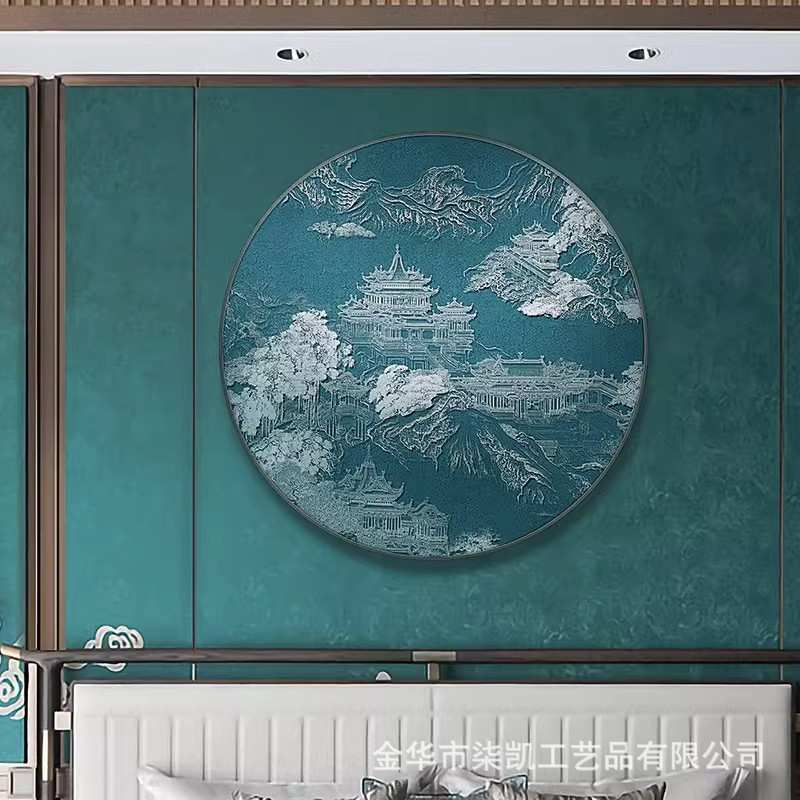 中国风肌理山水挂画新中式玄关圆形灯光装饰画国潮浮雕银箔画