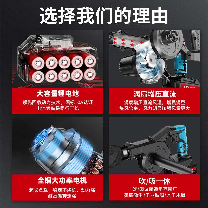 电动吹风机家用充电式锂电鼓风机无线小型除尘吹雪吹叶机吸吹两用