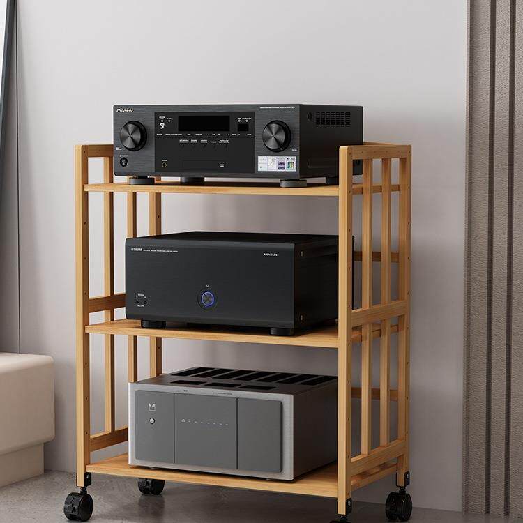 功放机架多层音响支架放置架实木可移动置物架带轮音箱脚架落地架
