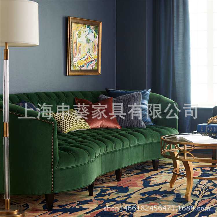 美式乡村布艺沙发欧式新古典布艺拉扣弧形沙发客厅双三人沙发别墅
