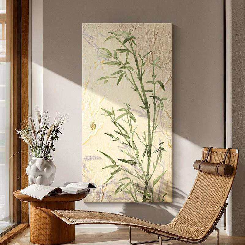 竹子入户门正对墙挂画走廊过道新中式装饰画进门玄关无框奶油风