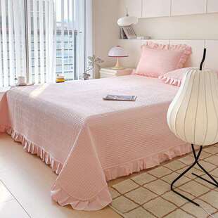 韩式纯棉公主风夹棉床盖三件套全棉纯色榻榻米护垫四季通用炕盖单