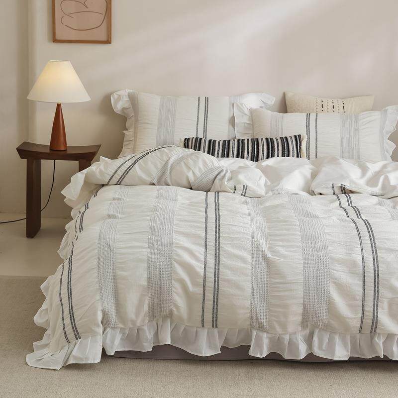 日式水洗皱皱纱简约色织提花线条感全棉四件套水洗棉纯棉床上用品