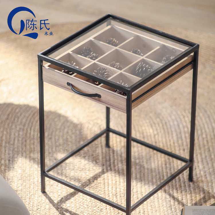 中古风实木收纳小茶几 客厅家用抽屉式多格储物边几铁艺简约角几