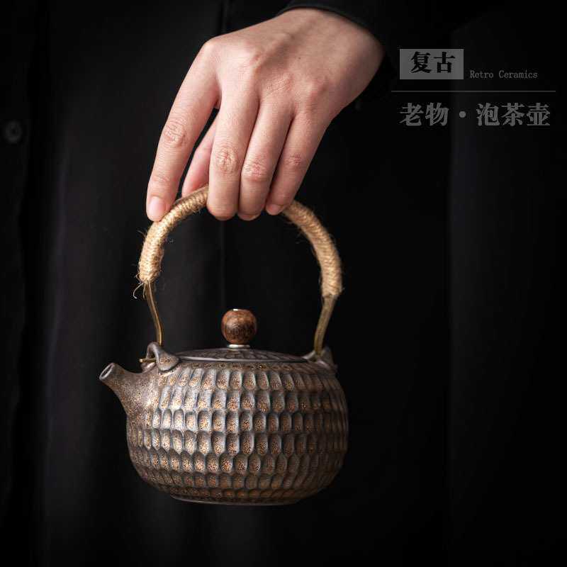 创意锤纹提梁壶大容量鎏金单壶家用带过滤花茶壶酒店民宿茶具单壶