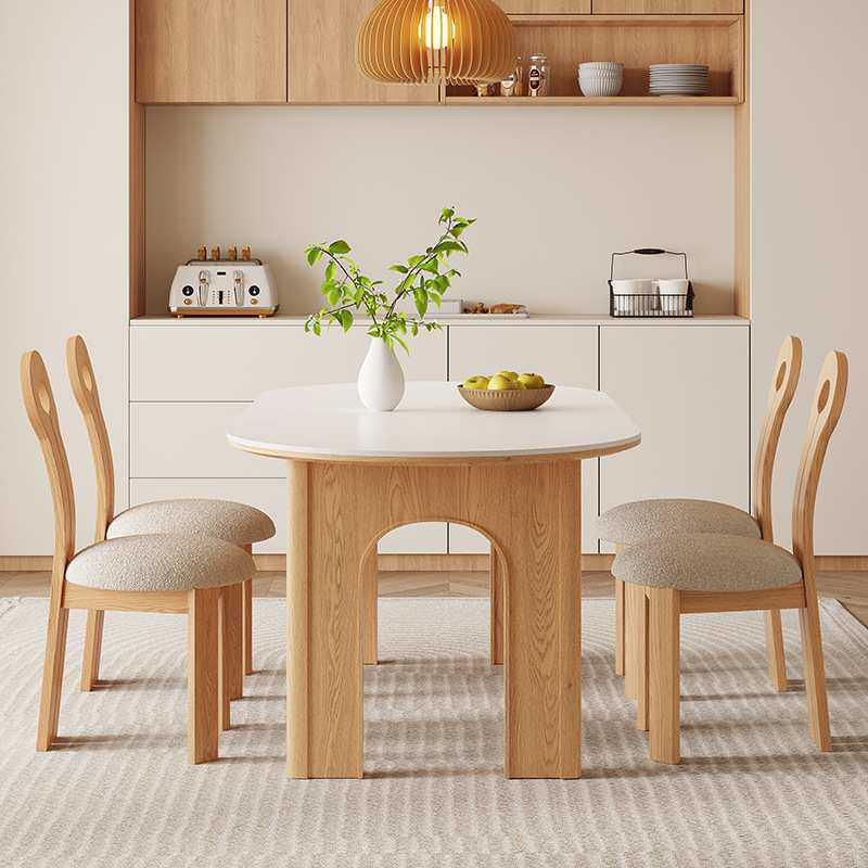 原木奶油风实木岩板餐桌椅组合现代简约家用长方形饭桌椭圆形桌子