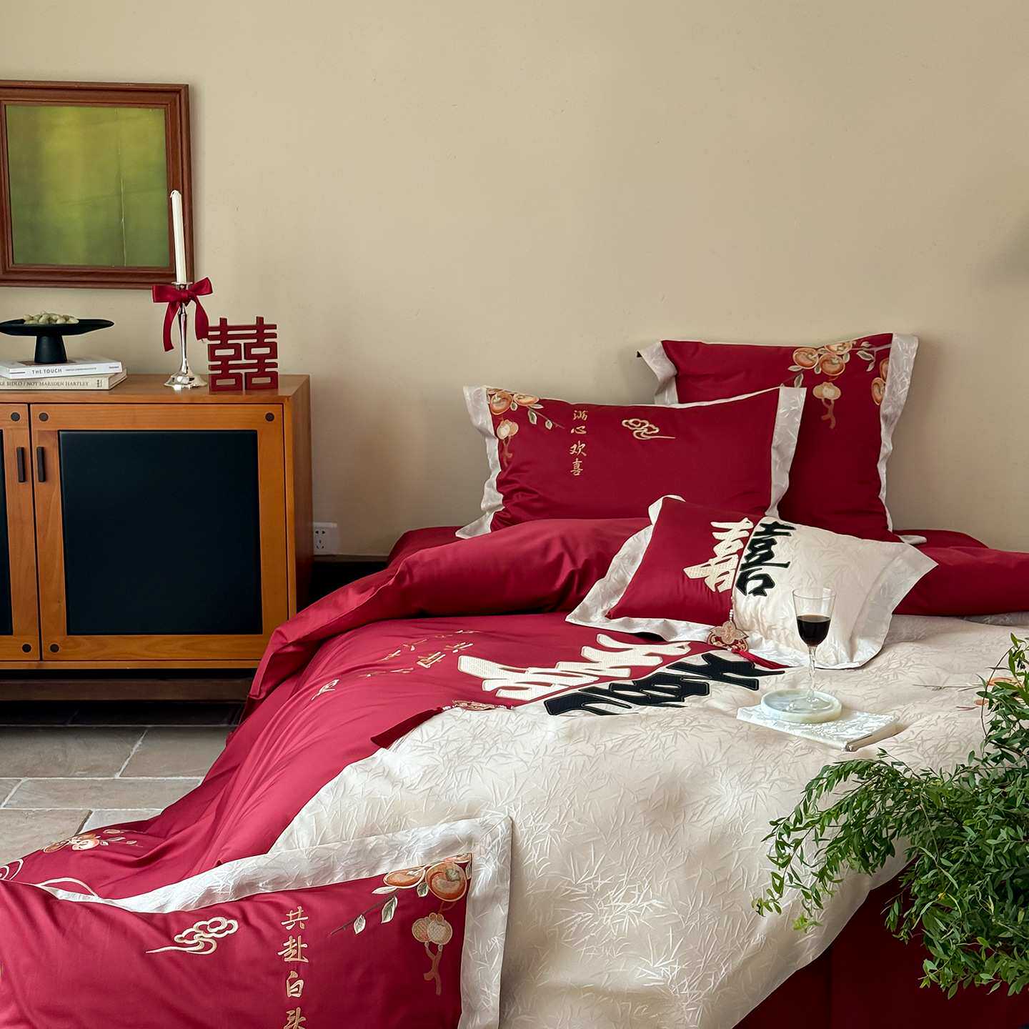 轻奢婚庆全棉长绒棉绣花四件套纯棉红色被套结婚陪嫁高端床上用品