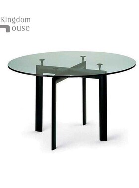 中古包豪斯设计师LC6餐桌柯布西耶钢化玻璃办公桌圆形洽谈桌子