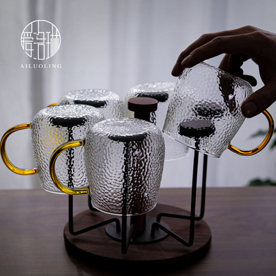 爱洛琳 锤纹玻璃喝水杯沥水杯架套装 家用带把水杯泡茶杯牛奶杯