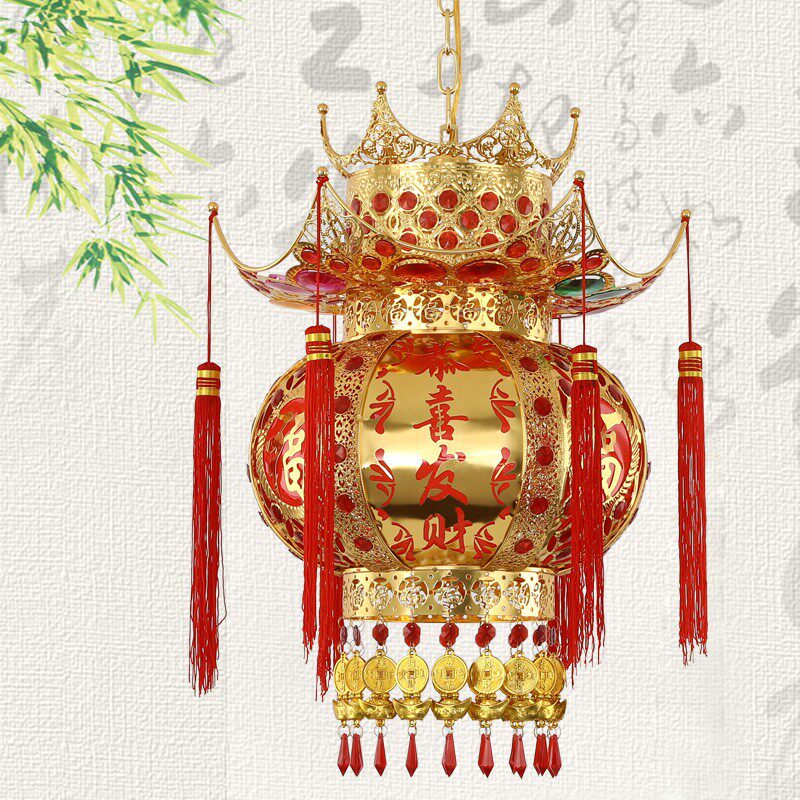 中式吊灯宫灯大红春节婚庆水晶阳台大门口插电乔迁旋转led灯笼灯