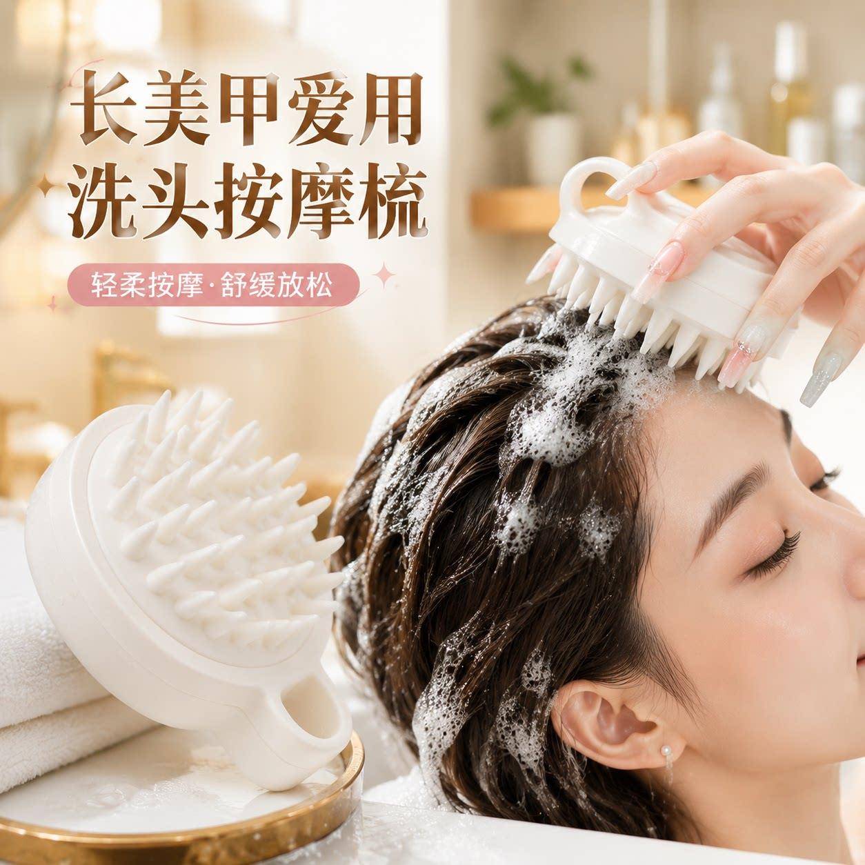 硅胶洗头刷长美甲专用女生白色家用头部按摩梳子带把手头皮按摩器