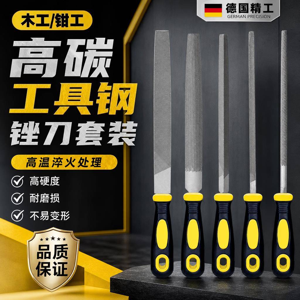 德国多功能钢锉刀粗中细齿平锉扁锉半圆三角锉家用木工钳工套装