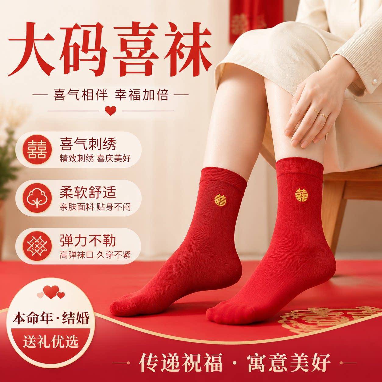 红袜子女结婚情侣一对大码喜字棉袜中筒袜新婚船袜大红色男短袜
