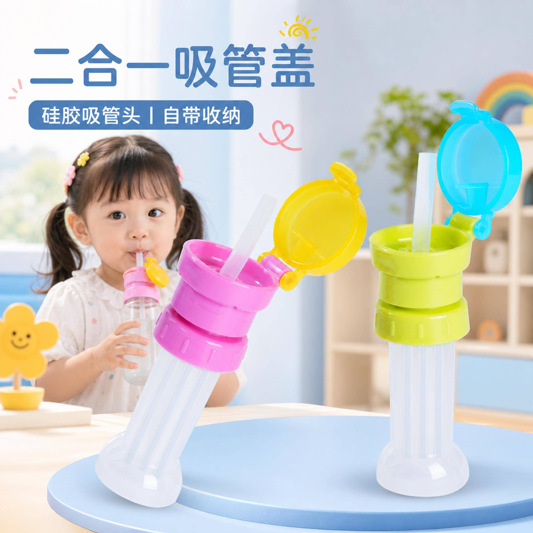 二合一矿泉水吸管转换头新款儿童防呛喝水防漏便携饮料瓶盖转换器