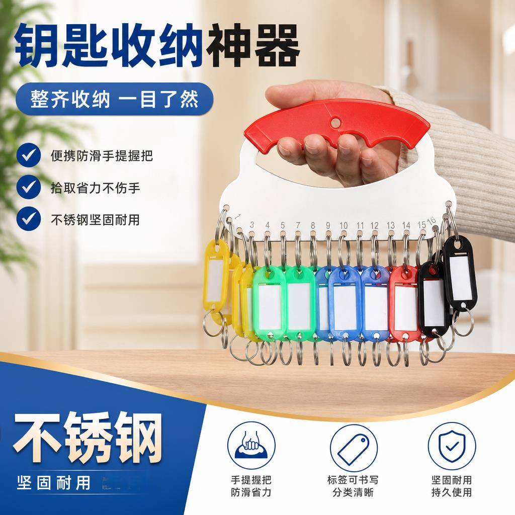 手提式不锈钢钥匙收纳盘彩色分类钥匙牌中介租房物业管理钥匙圈串