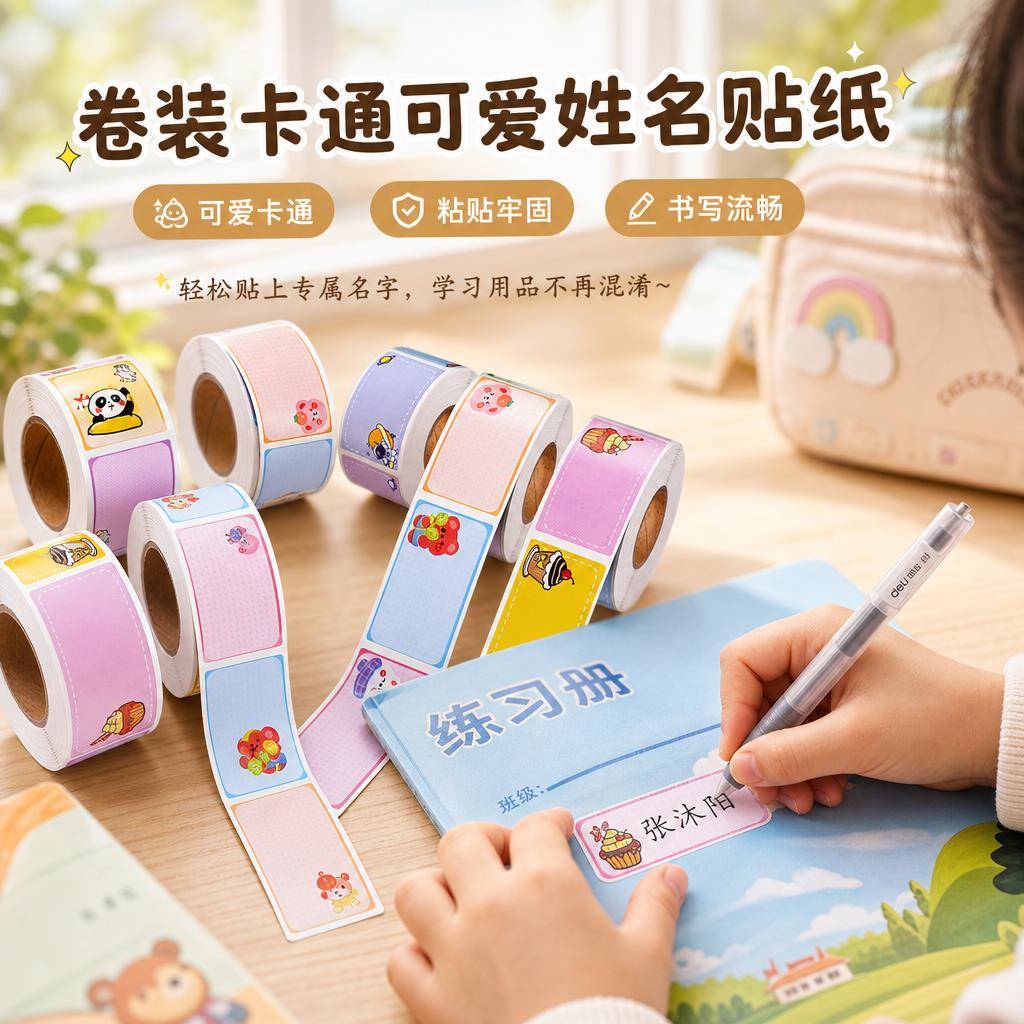 儿童姓名贴防水自粘手写班级姓名学号标签贴纸可爱记号幼儿园小学生写名字文具杯子书本标记分类不干胶口取纸