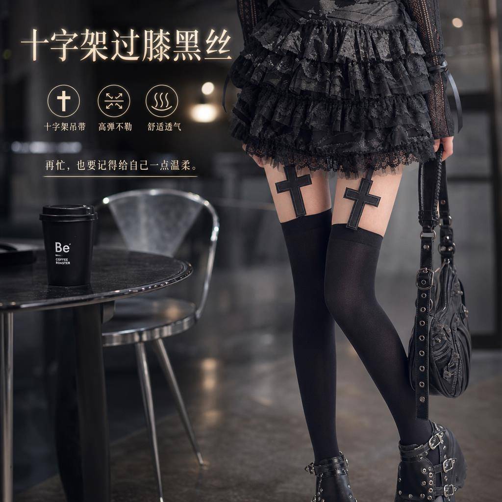 暗黑系十字架过膝白袜辣妹cos女仆长筒黑丝袜亚文化jk萝莉吊带袜