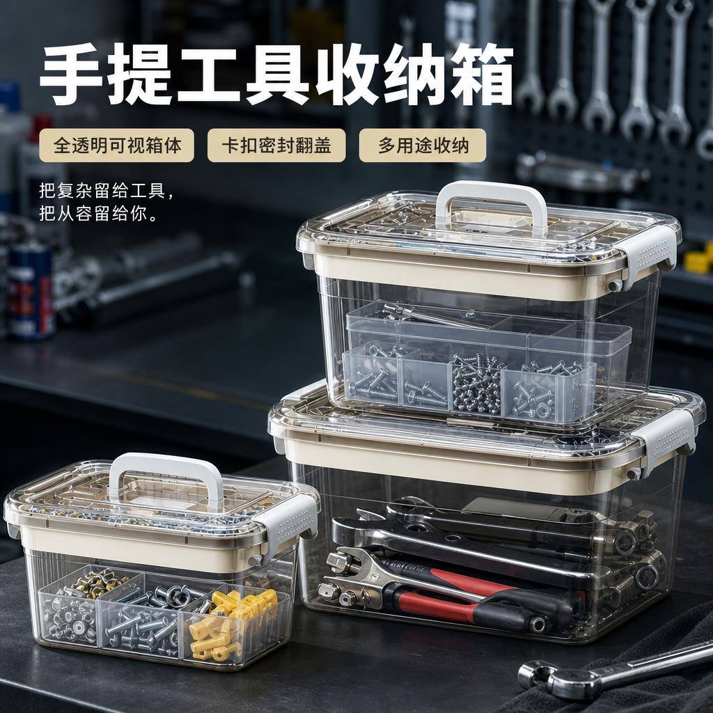 工具箱家用透明收纳盒多功能手提式零件杂物五金整理盒双层收纳箱