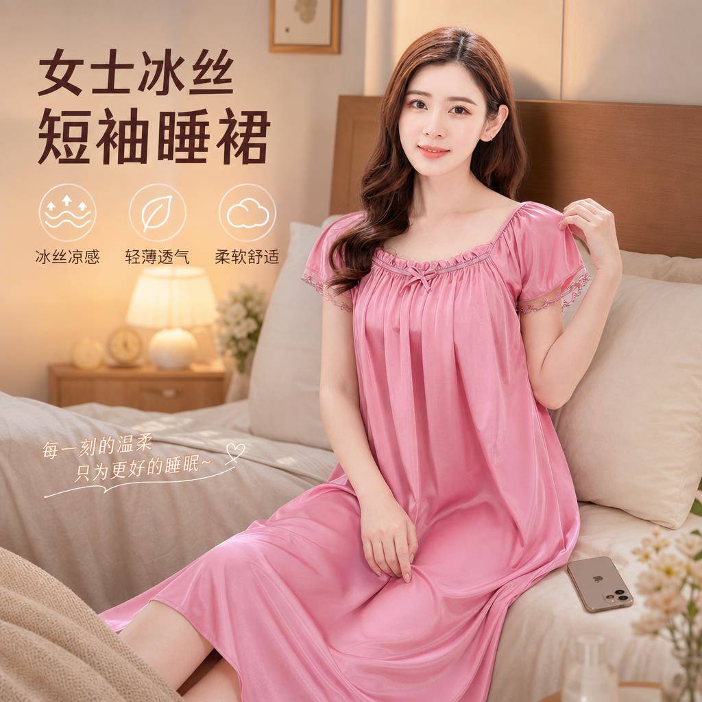 短袖冰丝睡裙女夏季薄款雪纺性感大尺码睡衣夏天女士蕾丝低胸家居